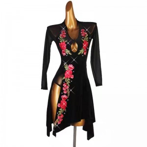 Black velvet with red flowers competition latin dance dress with gemstones for women girls rumba salsa chacha dance dress latin costumes