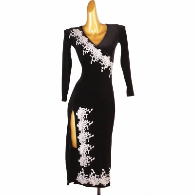 Black velvet with white embroidered flowers latin dance dresses side slit samba salsa rumba Bullfighting chacha dance skirts for female