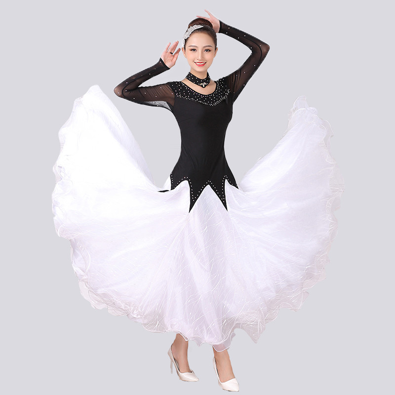 Black white competition Ballroom Dancing Dresses for Women Girls with Gemstones Bling Professional Waltz Tango Performance Costumes For Female