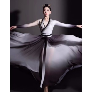 Black white gradient chinese Ancient traditional folk classical dance costumes for women girls hanfu fairy dance dress flowing Umbrella fan dance performance wear art exam