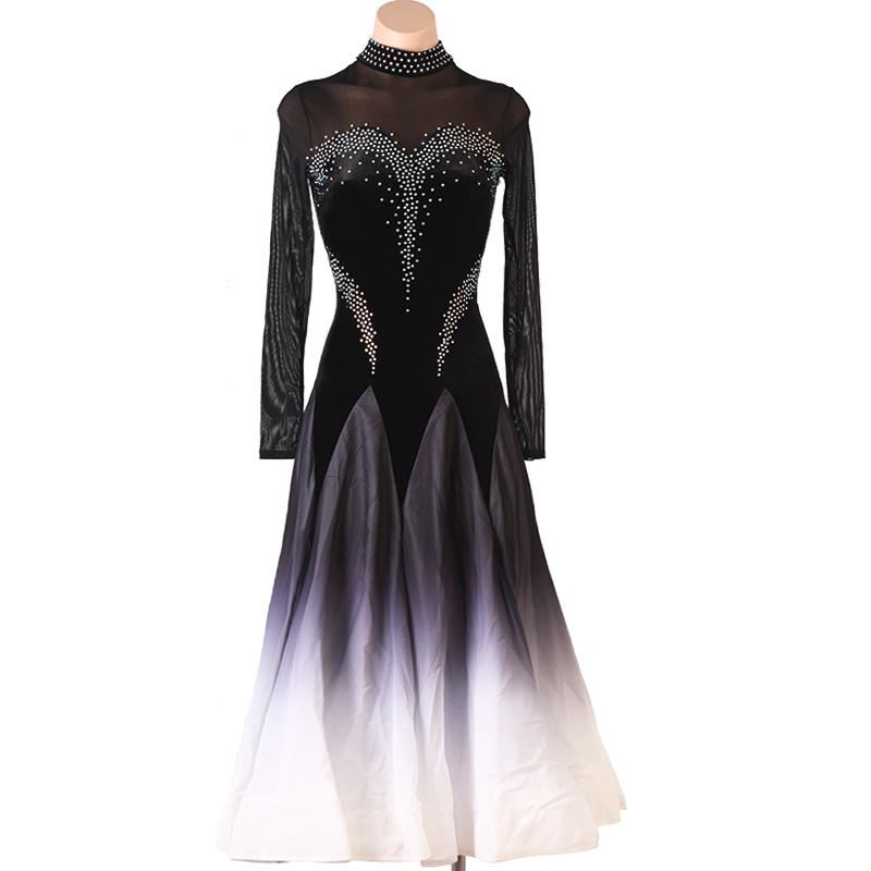Black white gradient colored competition ballroom dance dress with gemstones for women girls waltz tango foxtrot smooth professional dance long dress for female