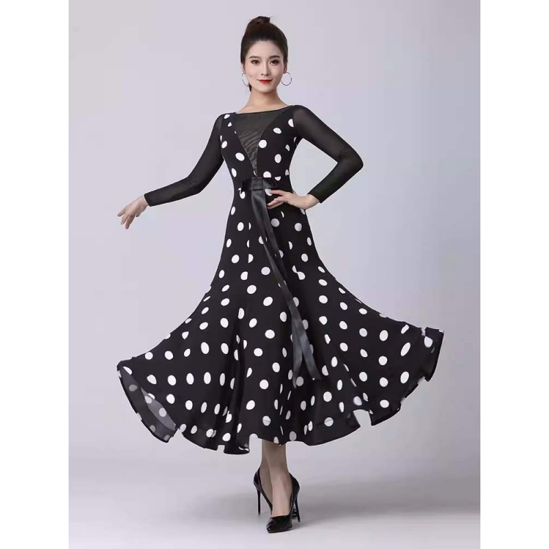Black white polka dot ballroom dance dresses for women girls waltz tango foxtrot smooth flamenco dancing long skirts for female
