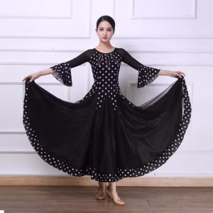 Black white polka dot flamenco ballroom dance dresses for women girls lady foxtrot smooth rhythm waltz tango trining practice long gown for female
