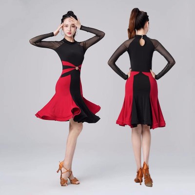 Black white red patchwork latin dance dresses for women girls long sleeves salsa rumba chacha ballroom latin stage performance costmes for female