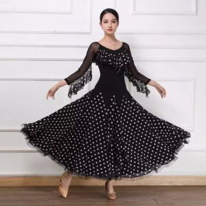 Black wih white polka dot ballroom dance dresses for women  girls waltz tango foxtrot smooth flamenco rhythm dance long gown for femle