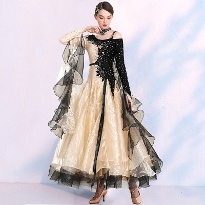 Black with apricot competition ballroom dance dresses for women female professional diamond waltz tango foxtrot smooth dance dress for female