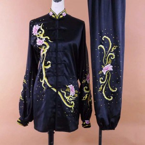 Black with Embroidered flower Tai Chi Clothing for women Chinese Kung fu uniforms for female group wushu performance competition suit morning exercise wear