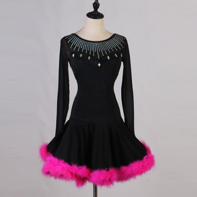 Black with fuchsia feather skating latin dance dresses for women girls long sleeves diamond salsa rumba chacha dance dress for woman