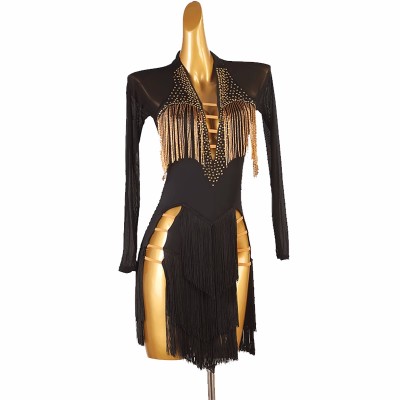 Black with gold beads fringe competition latin dance dresses for women girls v neck long sleeves salsa rumba chacha performance costumes for female