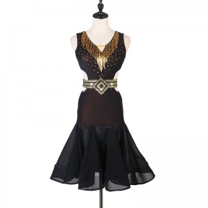Black with gold fringes diamond competition latin dance dresses for women girls 