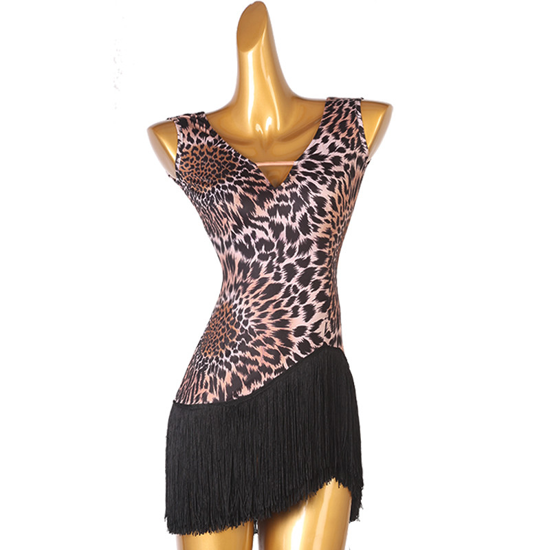 Black with leopard fringe latin dance dresses for women girls salsa rumba chacha performance dress for woman