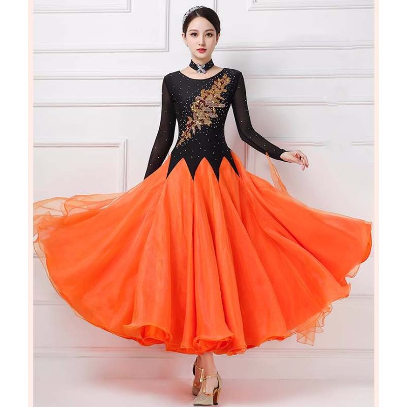Black with orange competition ballroom dance dresses for women girls embroidered flowers gemstones bling waltz tango foxtrot smooth dance long gown for female