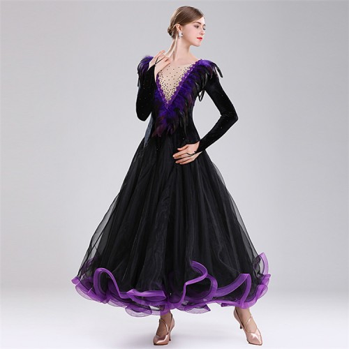 Black with purple girls women's competition professional ballroom dancing dresses feather with stones waltz tango dance dresses