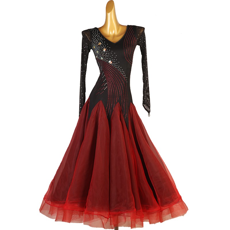 Black with red competition ballroom dance dresses for women girls waltz tango foxtrot smooth dance long gown for female