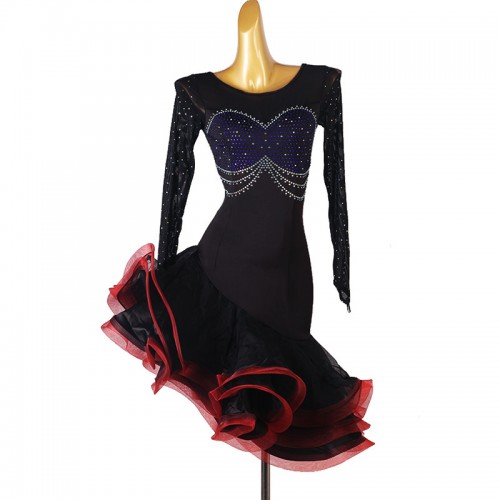 Black with red competition latin dance dresses for women girls salsa cha cha rumba ballroom dance costumes irregular skirts for female 