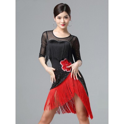 Black with red embroidered flowers rhinestones competition Latin dance dresses for women professional performance rumba salsa chacha modern dance sexy fringed skirt