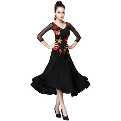 Black with Red flowers girls women's ballroom dancing dresses stage performance waltz tango ballroom dance dress