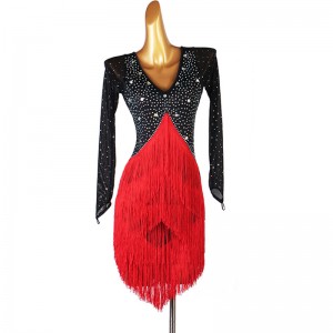Black with red fringed diamond competition latin dance dresses for women  long sleeves salsa rumba chacha dance dresses