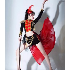 Black with red Jazz dance costumes for women girls gogo dancers ensembles singing band dance outfits magician tuxedo tops shorts stage performance wear for female