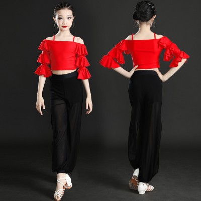 Black with red Latin dance costumes ruffles tops and long pants for girls kids professional Latin dance practice clothes for children  girls Latin pants suits