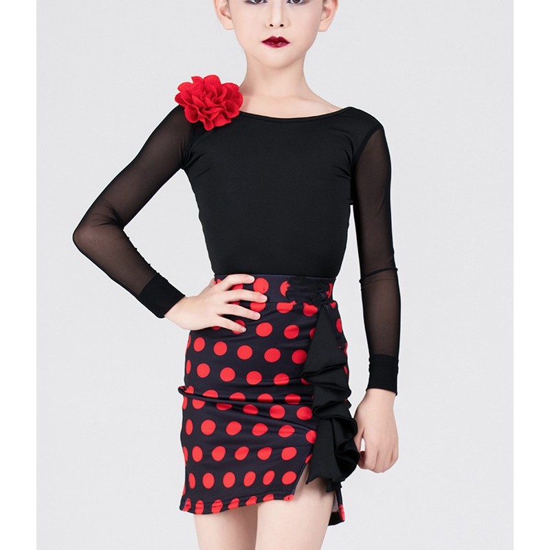 Black with red polka dot latin ballroom dance dresses for kids girls juvenile salsa rumba chacha dancing costumes for girls