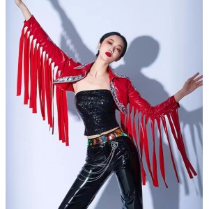 Black with red pu leather jazz dance costumes band gogo dancers Pop singer costumes for women singers magcian stage performance dancing clothes jazz dance outfits