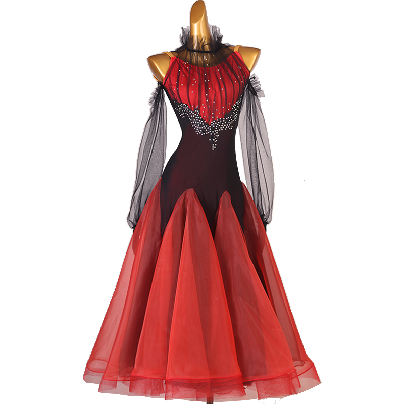 Black with red rhinestones competition ballroom dancing dresses for women girls with diamond sparkle professional standard waltz tango foxtrot smooth dance long skirts