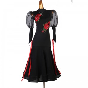 Black with red rose flowers with diamond competition ballroom dance dress for women girls sexy long sleeves tango waltz dance long dress for woman