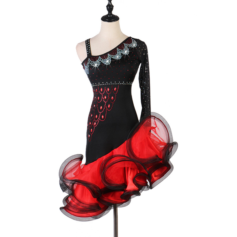 Black with red ruffles one shoulder women latin dance dresses stage ...