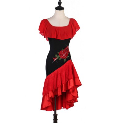 Black with red tassels Professional Latin Dance dresses for women girls latin salsa rumba dance clothing embroidered latin dance  costumes