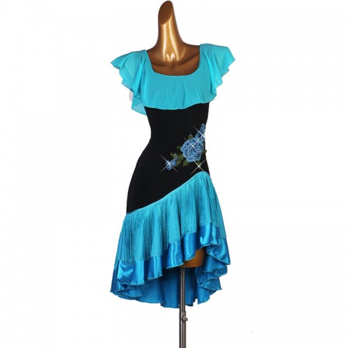 Black with turquoise fringe competition latin dance dresses for women girls irregular skirt rumba salsa chacha dance dress for woman