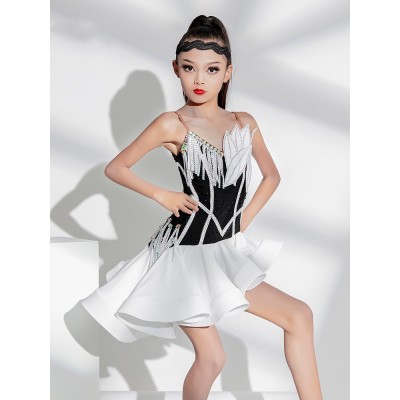 Black with white competition Latin dance dresses for girls ballroom latin floral costumes Professional dresses children's ballroom performance skirts