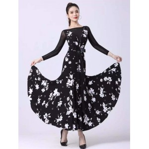Black with white flowers floral ballroom dance dresses for women girls waltz tango foxtrot training practice smooth dance long gown for female