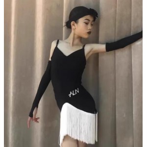 Black with white fringe competition ballroom latin dance dresses for girls kids salsa rumba stage performance costumes for children