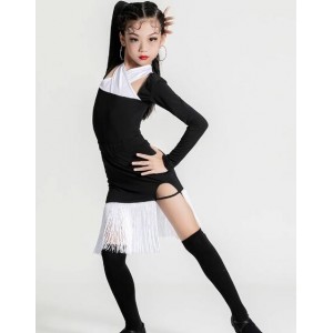 Black with white fringe competition latin dance dresses for girls kids children salsa rumba ballroom dancing costumes for girls