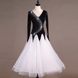 Black with white gemstones competition ballroom dance dresses for women girls stage performance waltz tango foxtrot smooth dance long gown for female 