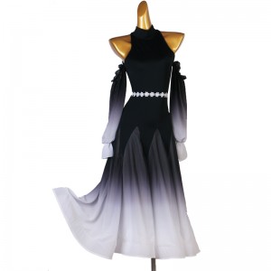Black with white gradient ballroom dance dress for women girls waltz tango foxtrot long sleeves smooth dance dress modern dance wear for lady 