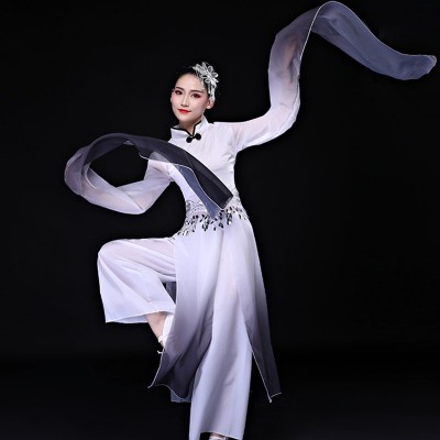 Black with white gradient chinese hanfu yangko costumes for women water sleeves chinese traditional classical fan dance dresses