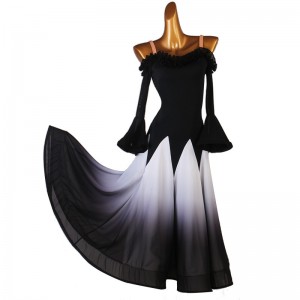 Black with white gradient colored ballroom dance dress for women girls long flare sleeves dew shoulder competition waltz tango foxtort dance long gown