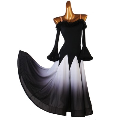 Black with white gradient colored ballroom dance dress for women girls long flare sleeves dew shoulder competition waltz tango foxtort dance long gown
