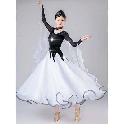 Black with white patchwork competition ballroom dance dresses for women girls flowy forxtrot smooth tango foxtrot rhythm dance long gown for lady