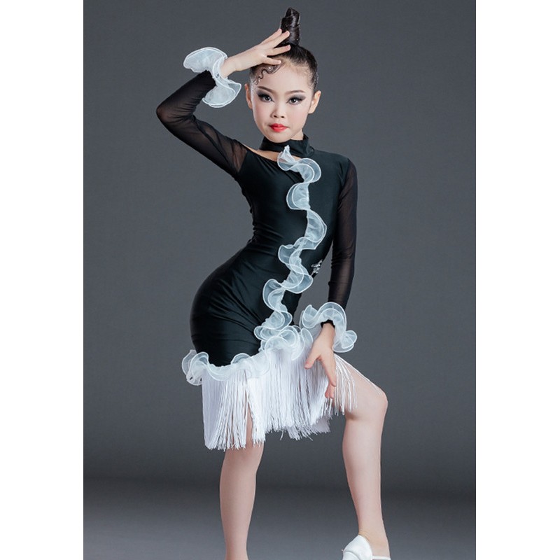Black with white ruffles fringed latin dance dresses for kids girls stage performance latin dance skirts modern dance wear for children