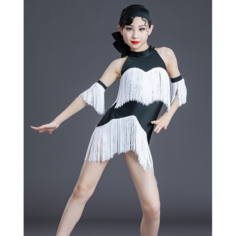 Black with white tassels competition latin dance dress for kids girls modern latin performance costumes latin dance wear for children
