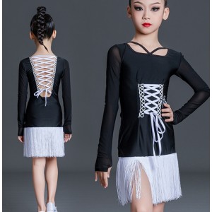 Black with white tassels latin dance dresses for girls kids ballroom cha cha dance costumes for Children