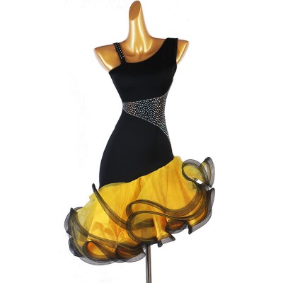 Black with yellow diamond competition latin dance dresses for women girls irregular skirts  one inclined shoulder sleeveless rumba salsa chacha dance dress for woman