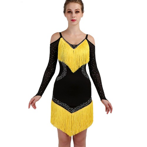 Black with yellow latin salsa rumba chacha dancing dresses costumes tassels diamond long sleeves competition stage performance dress
