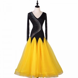 Black with yellow rhinestones competition ballroom dance dresses for women girls waltz tango foxtrot smooth rhythm senior dancing costumes for female
