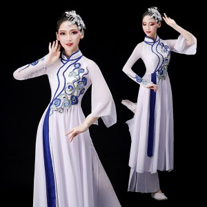 Blue and white porcelain Chinese traditional classical folk dance dresses for women umbrella fan yangko folk dance costumes for lady Chorus dress