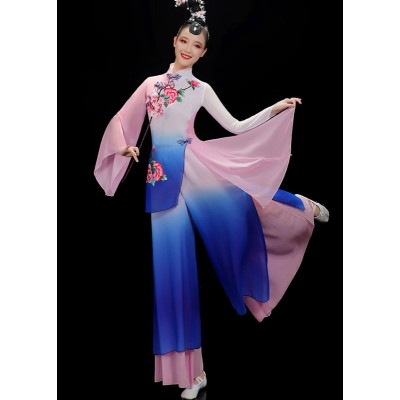 Blue Chinese Folk Classical dance costumes for women girls female floating chinese traditional umbrella fan dance suit examination dance skirts