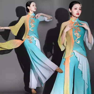 Blue Chinese folk Jiaozhou Yangge costume for women girls fan umbrella traditional classical performance dresses hanfu fairy dress Repertoire Art Examination Set